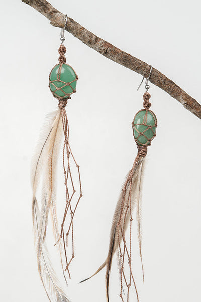 Dha Ngui "Earth Emu" Feathered Green Aventurine Net Bound Earrings