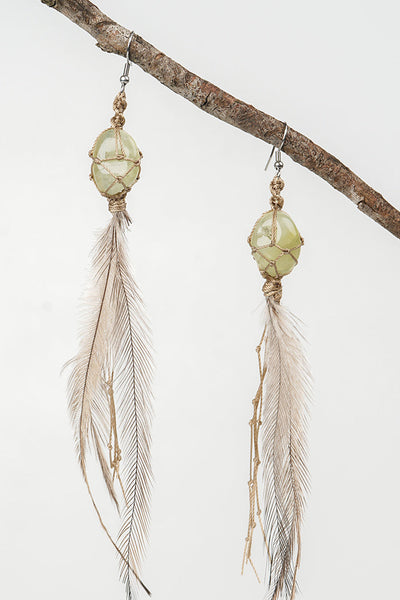 Dha Ngui "Earth Emu" Feathered Prehnite Net Bound Earrings