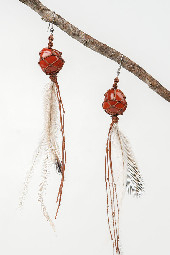 Dha Ngui "Earth Emu" Feathered Red Jasper Net Bound Earrings