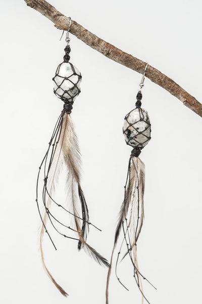 Dha Ngui "Earth Emu" Feathered Moonstone Net Bound Earrings