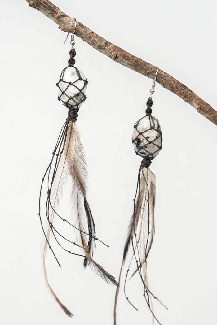 Dha Ngui "Earth Emu" Feathered Moonstone Net Bound Earrings