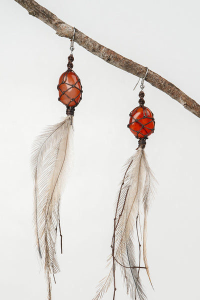 Dha Ngui "Earth Emu" Feathered Carnelian Net Bound Earrings