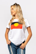 "Raise the Flag" Aboriginal Flag (Large) White Cotton Crew Neck Womens T-Shirt