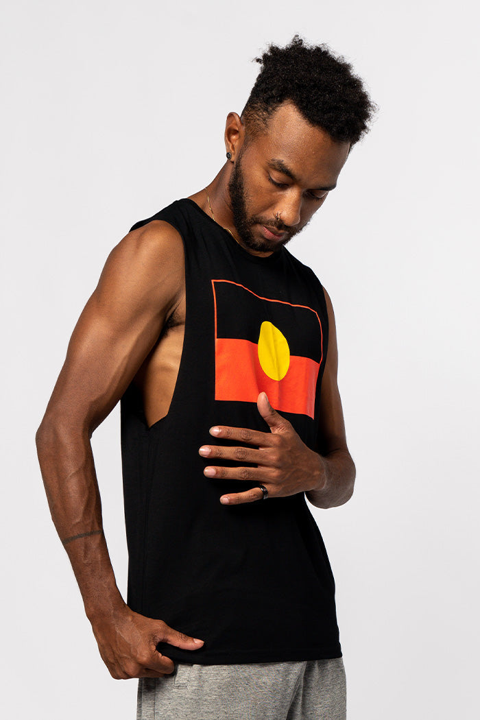 "Raise the Flag" Aboriginal Flag (Large) Black Cotton Men's Muscle Tank Top