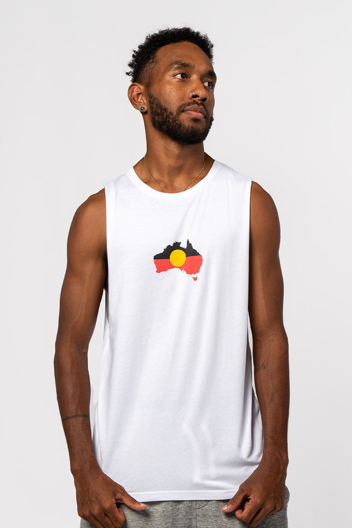 "Raise the Flag" Aboriginal Flag (Australia) White Cotton Men's Muscle Tank Top