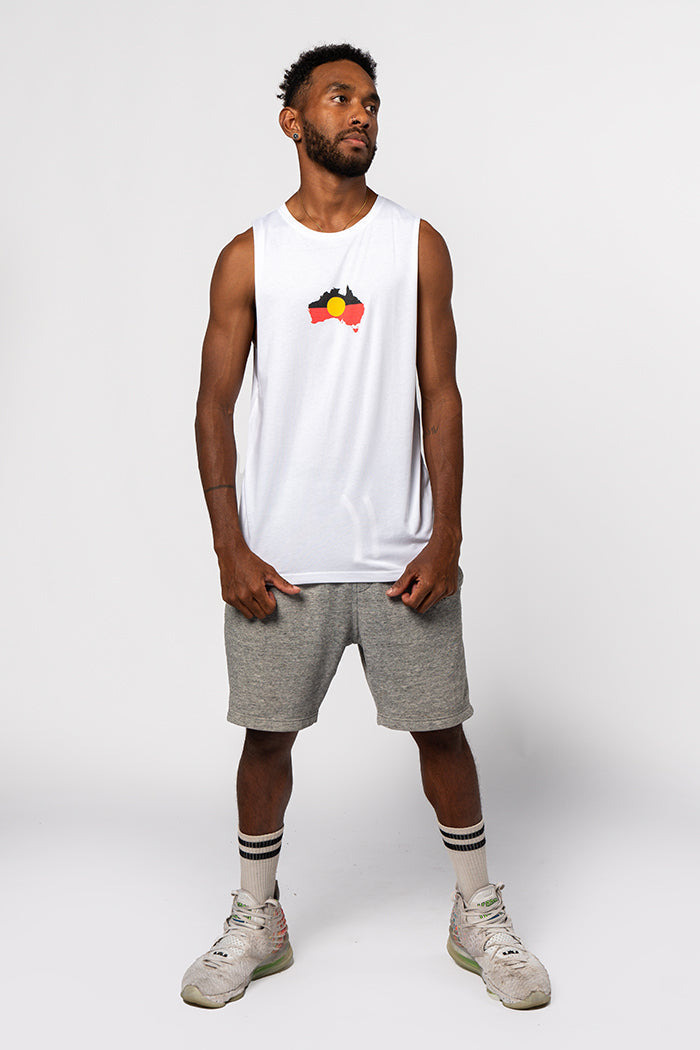 "Raise the Flag" Aboriginal Flag (Australia) White Cotton Men's Muscle Tank Top