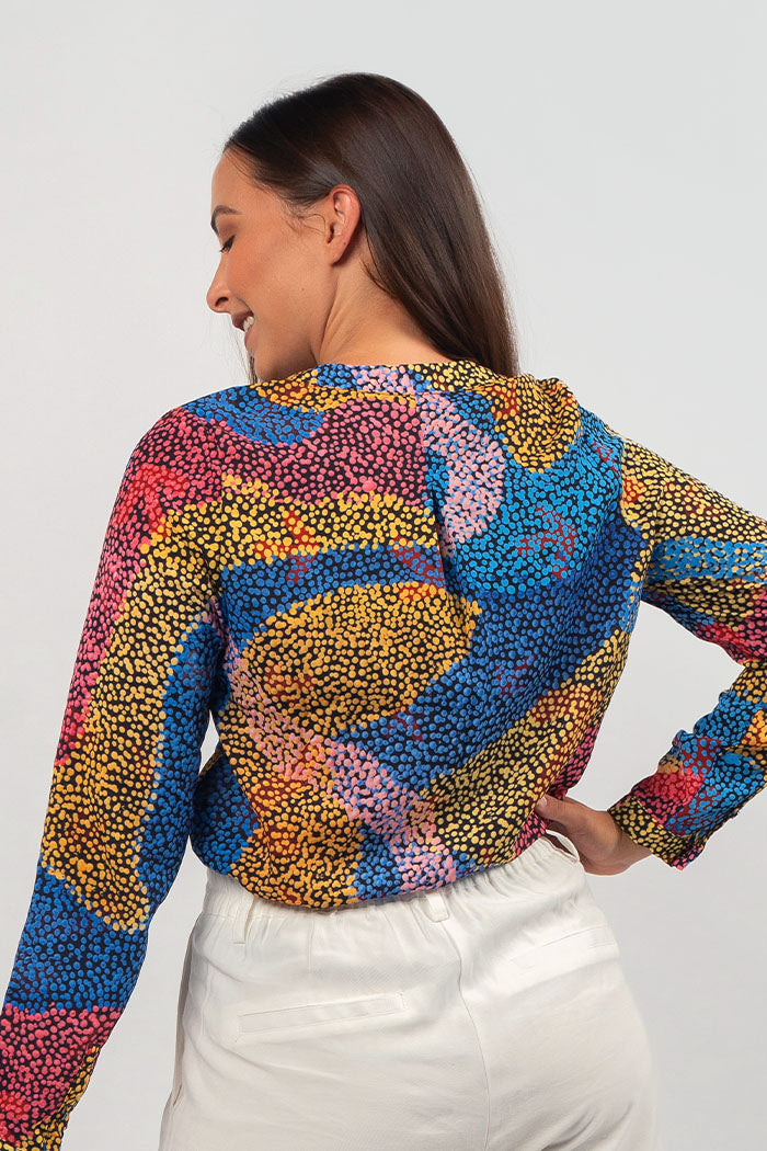 Aboriginal Art Clothing-Emu Jukurrpa V Neck Women's Long Sleeve Blouse-Yarn Marketplace