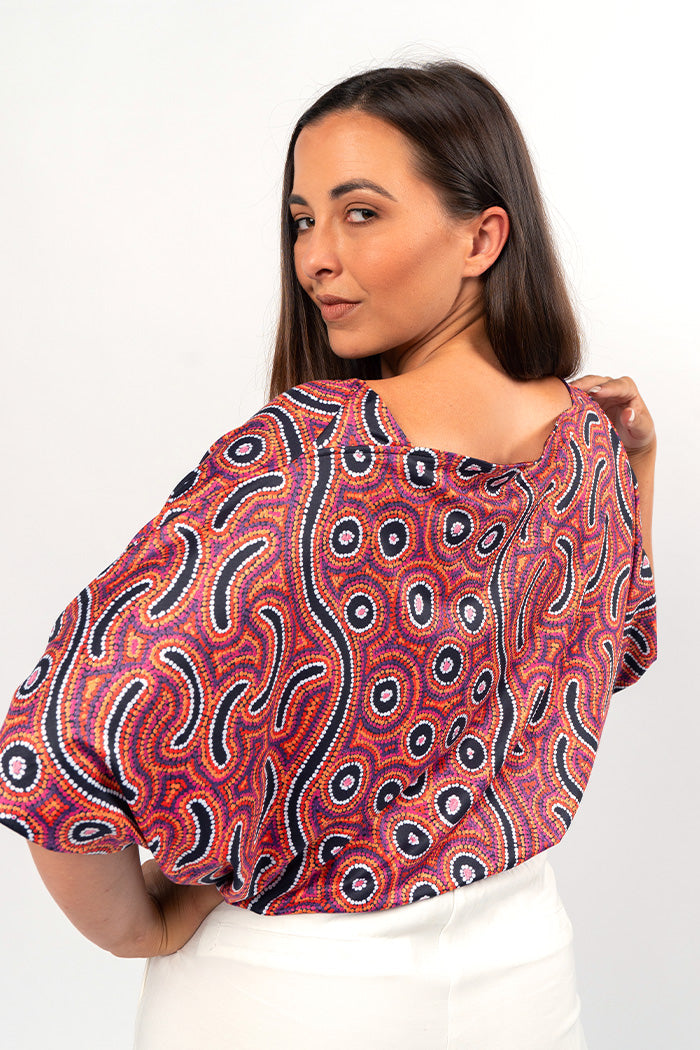 Aboriginal Art Clothing-Lappi Lappi Jukurrpa Dolman Sleeve Top-Yarn Marketplace