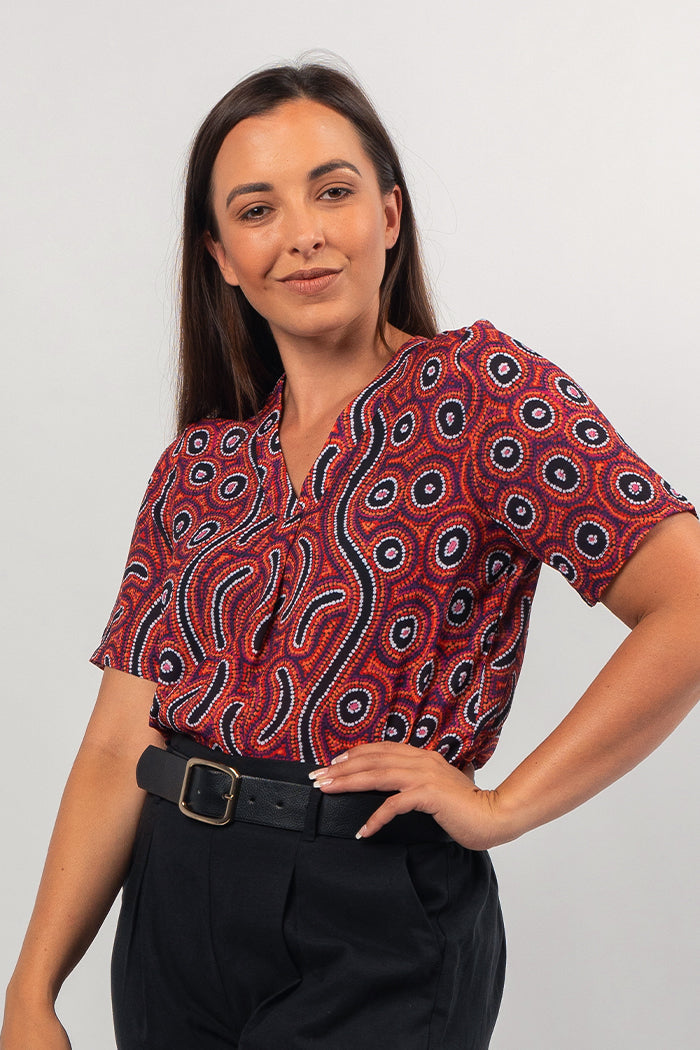 Aboriginal Art Clothing-Lappi Lappi Jukurrpa V Neck Short Sleeve Women's Blouse-Yarn Marketplace