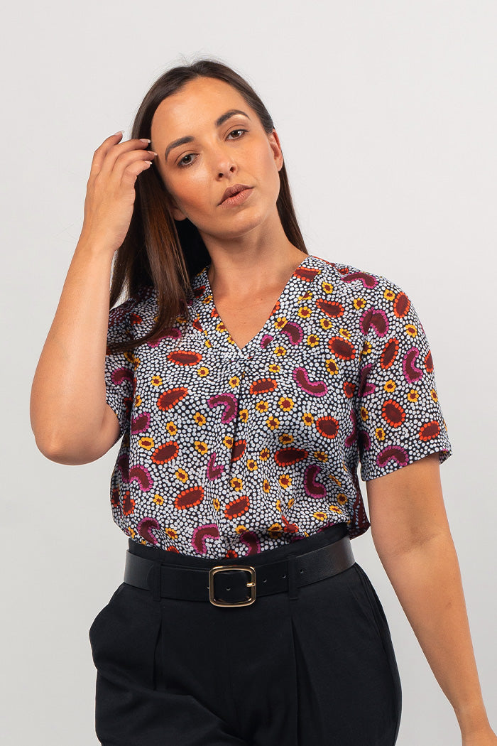 Aboriginal Art Clothing-Karnta V Neck Women's Short Sleeve Blouse-Yarn Marketplace