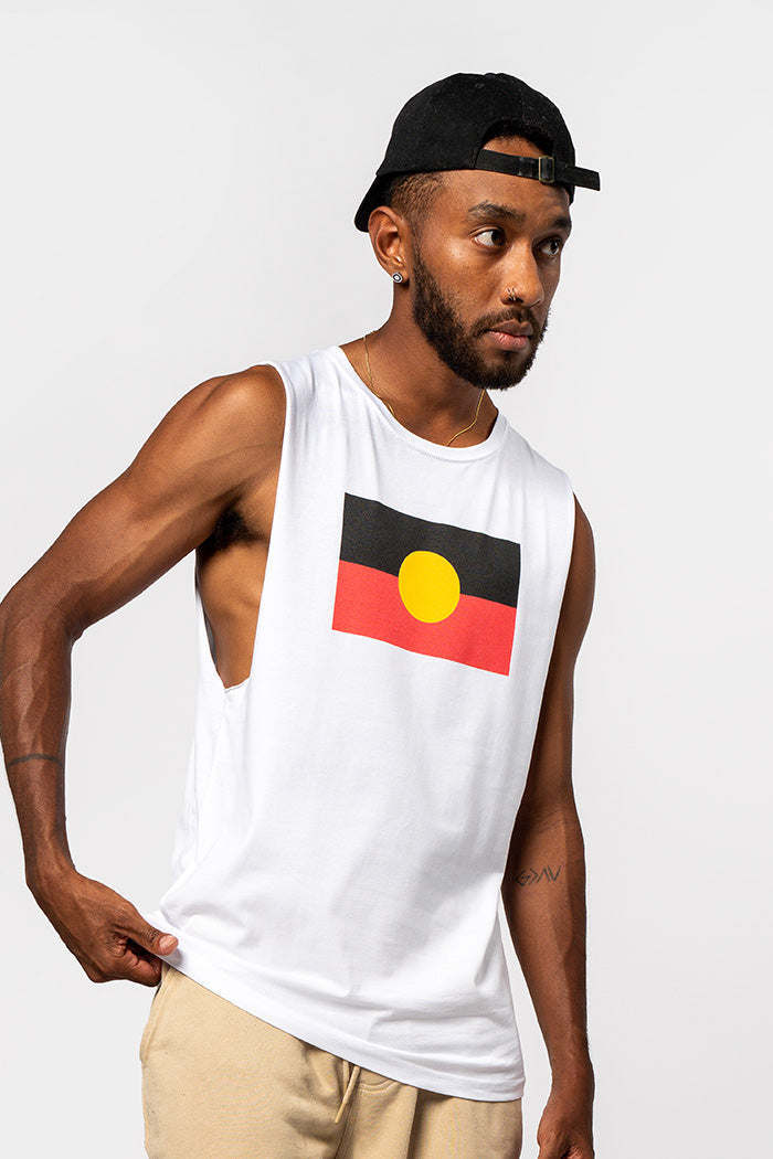 "Raise the Flag" Aboriginal Flag (Large) White Cotton Men's Muscle Tank Top