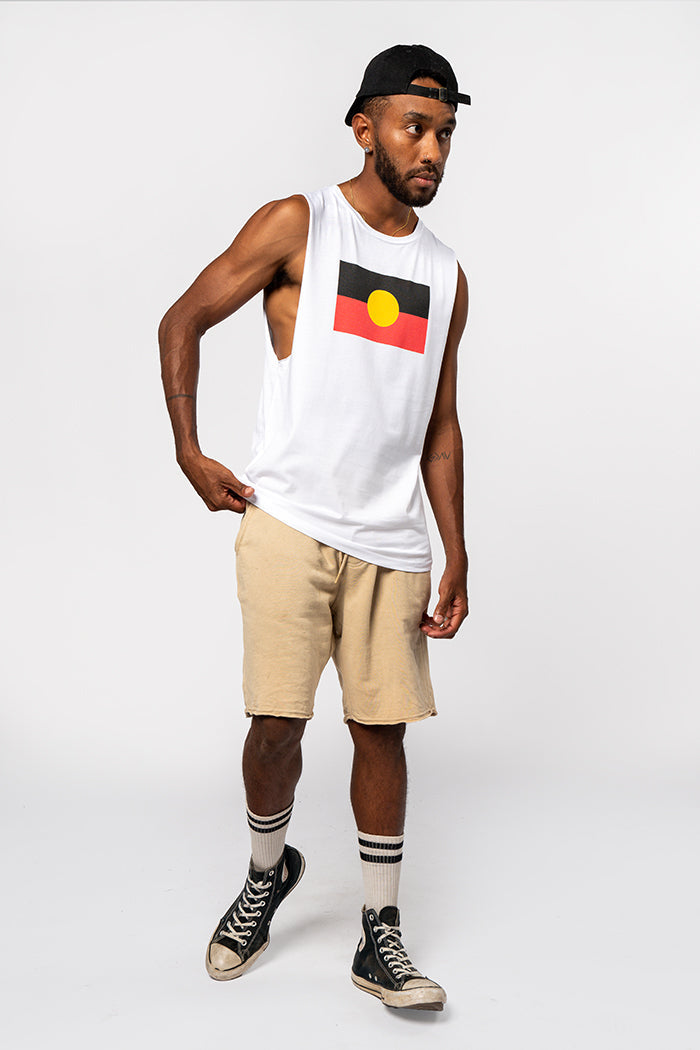 "Raise the Flag" Aboriginal Flag (Large) White Cotton Men's Muscle Tank Top