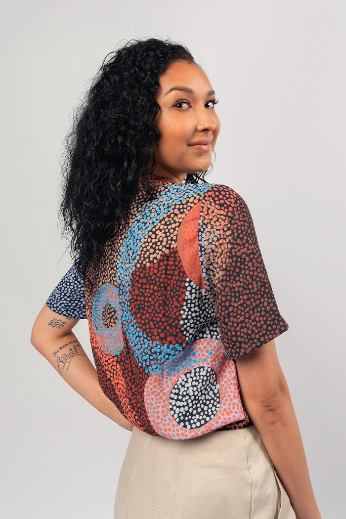 Aboriginal Art Clothing-Ngarlikirlangu V Neck Women's Short Sleeve Blouse-Yarn Marketplace