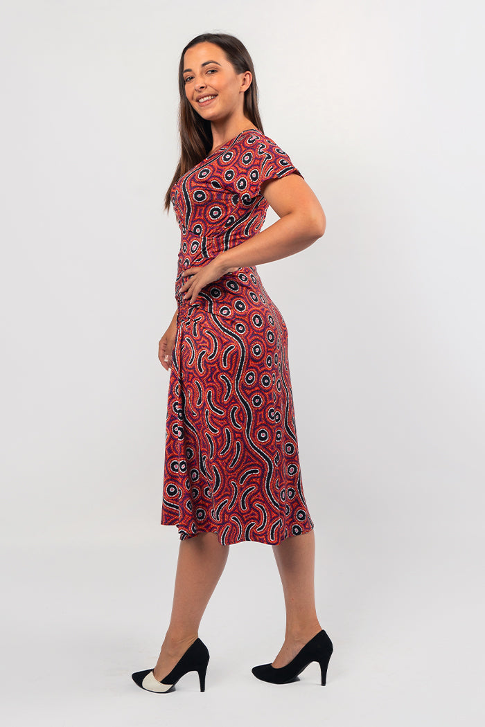 Aboriginal Art Clothing-Lappi Lappi Jukurrpa Women's Ruched Waist Midi Dress-Yarn Marketplace