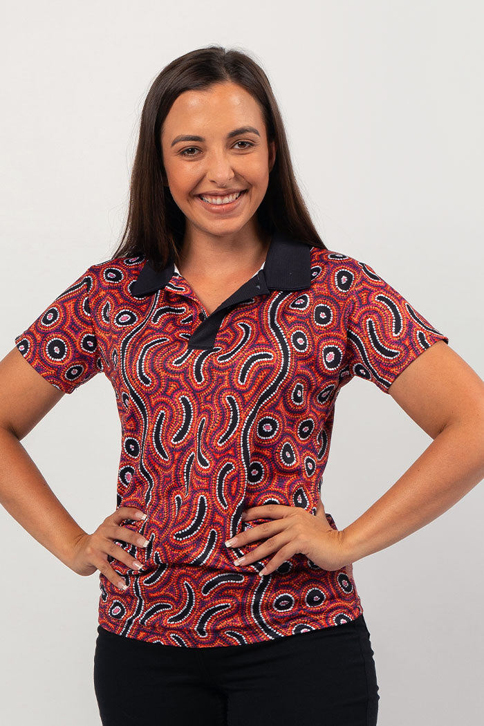 Aboriginal Art Clothing-Lappi Lappi Jukurrpa UPF 50 Bamboo Women's Fitted Polo Shirt-Yarn Marketplace