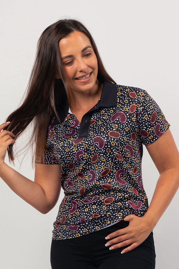 Aboriginal Art Clothing-Karnta Dreaming UPF 50 Bamboo Women's Fitted Polo Shirt-Yarn Marketplace