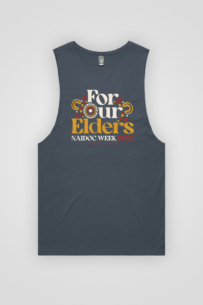 "For Our Elders" (Red & Yellow) NAIDOC WEEK 2023 Petrol Blue Cotton Men's Muscle Tank Top