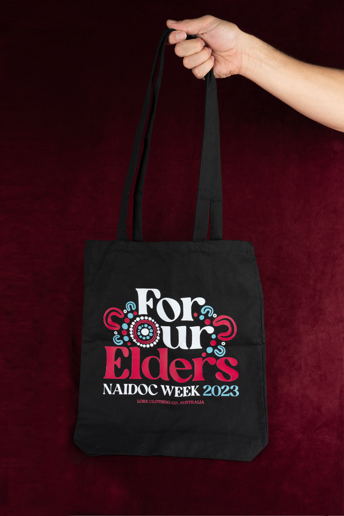 "For Our Elders" (Blue & Pink) NAIDOC WEEK 2023 Black Cotton Tote Bag