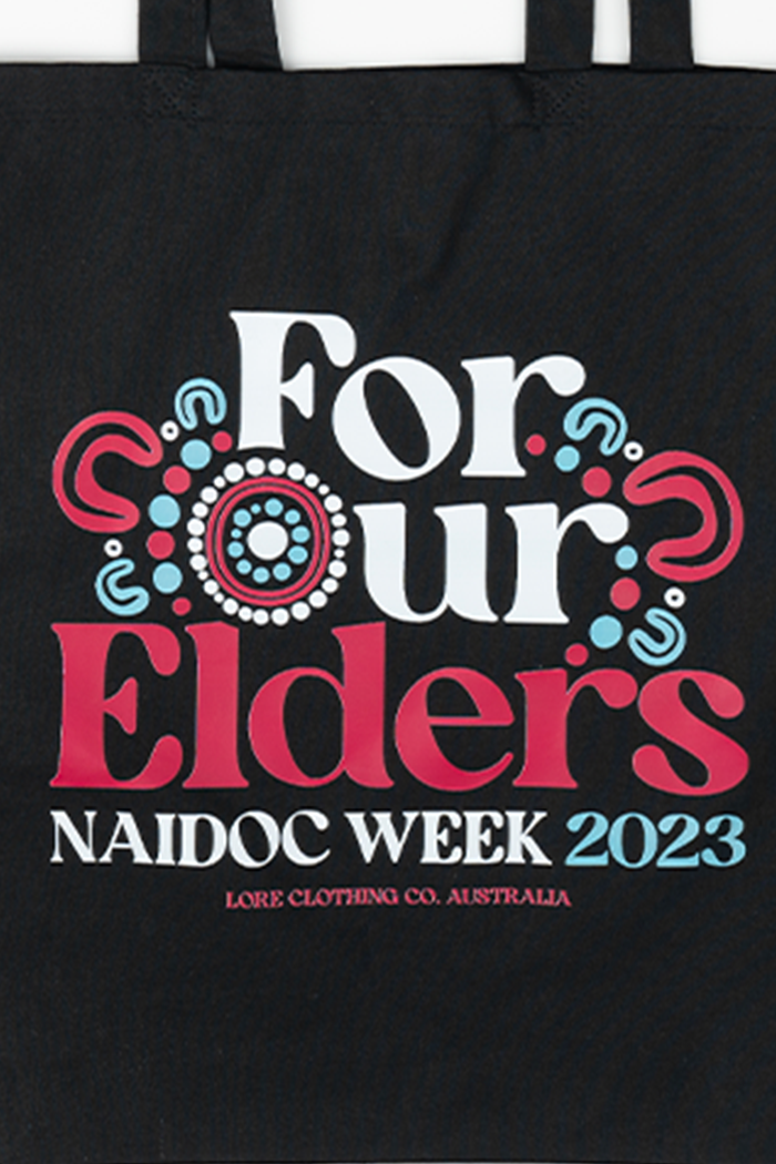 "For Our Elders" (Blue & Pink) NAIDOC WEEK 2023 Black Cotton Tote Bag