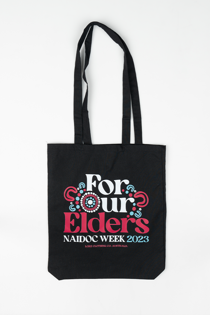 "For Our Elders" (Blue & Pink) NAIDOC WEEK 2023 Black Cotton Tote Bag