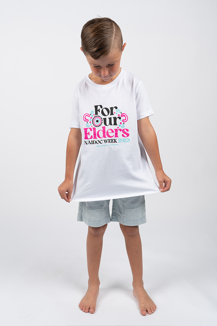 "For Our Elders" (Blue & Pink) NAIDOC WEEK 2023 White Cotton Crew Neck Kids T-Shirt