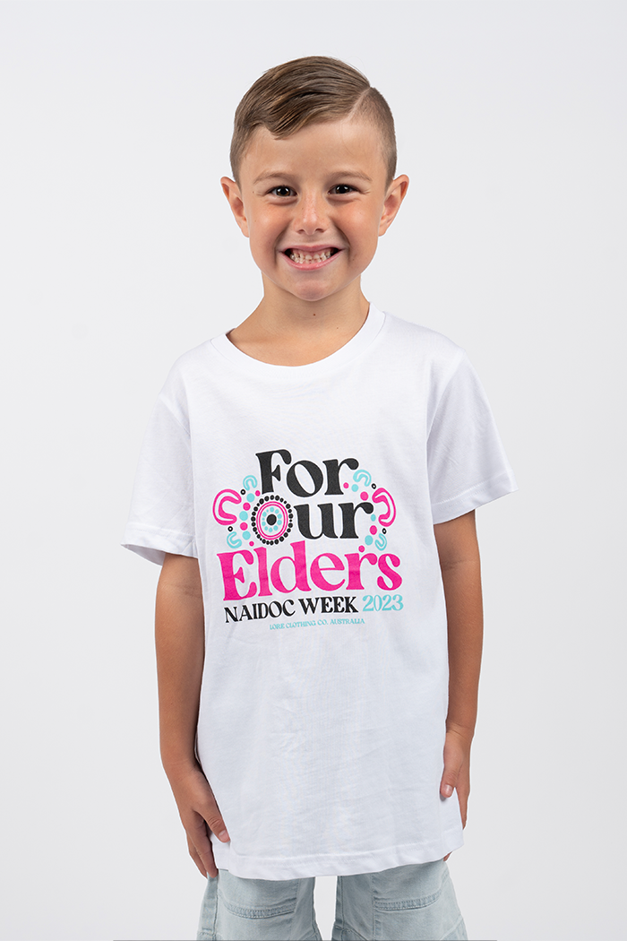 "For Our Elders" (Blue & Pink) NAIDOC WEEK 2023 White Cotton Crew Neck Kids T-Shirt