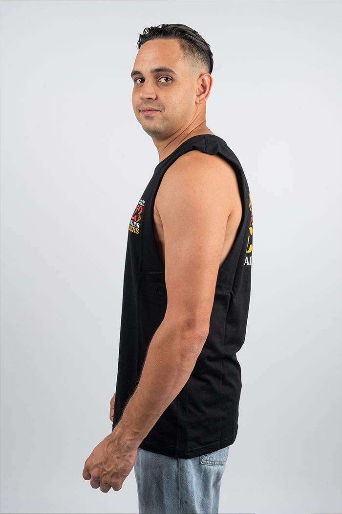 "For Our Elders" NAIDOC 23 Pocket Print (Red & Yellow) Black Cotton Men's Muscle Tank Top