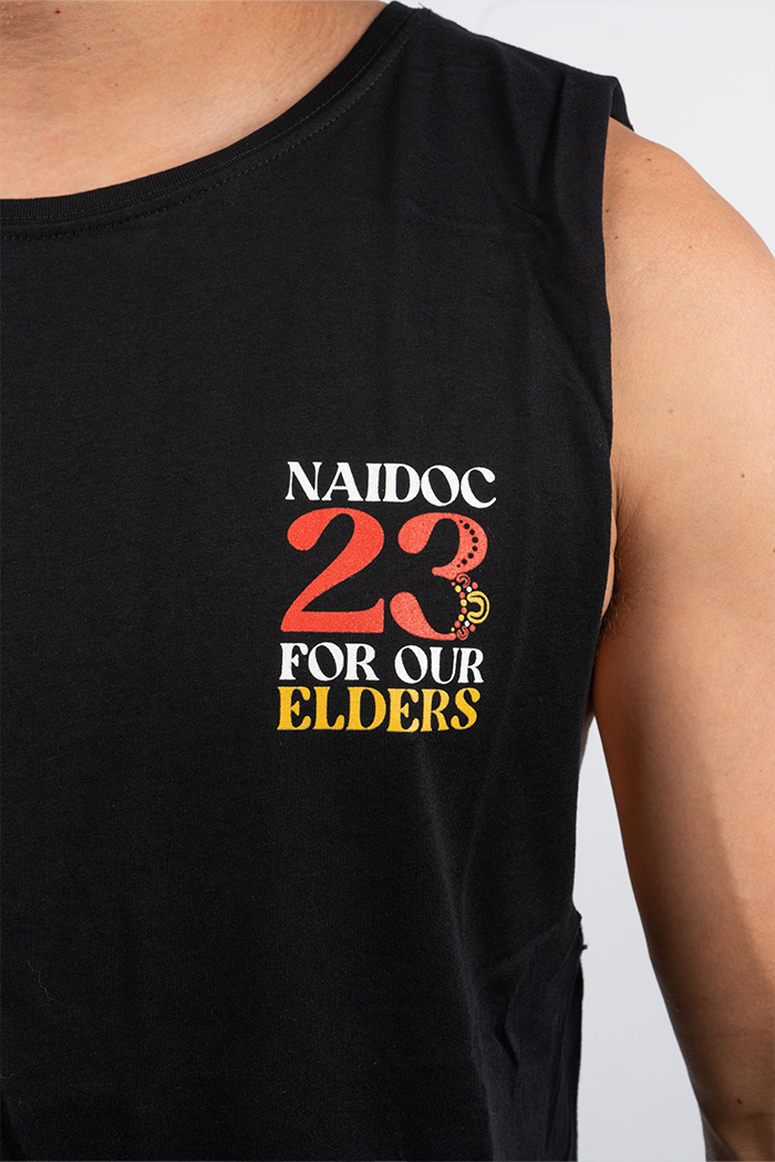 "For Our Elders" NAIDOC 23 Pocket Print (Red & Yellow) Black Cotton Men's Muscle Tank Top
