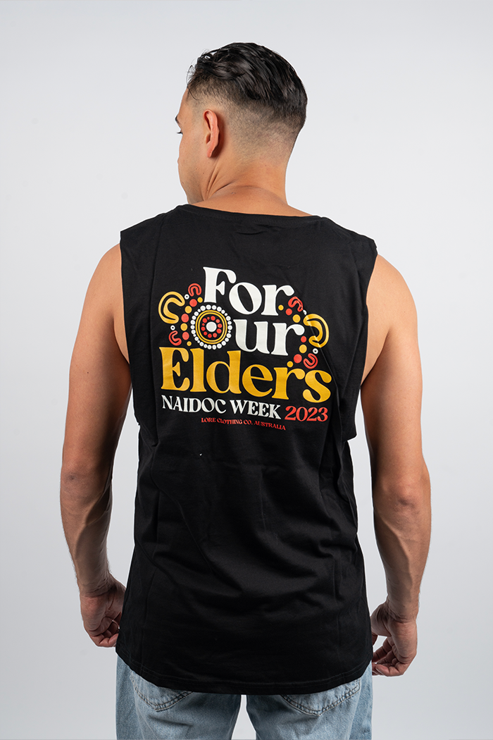 "For Our Elders" NAIDOC 23 Pocket Print (Red & Yellow) Black Cotton Men's Muscle Tank Top