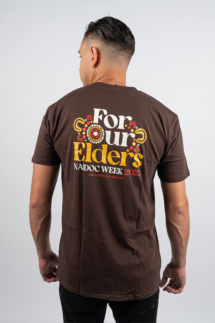 "For Our Elders" NAIDOC 23 Pocket Print (Red & Yellow) Chocolate Cotton Crew Neck Unisex T-Shirt