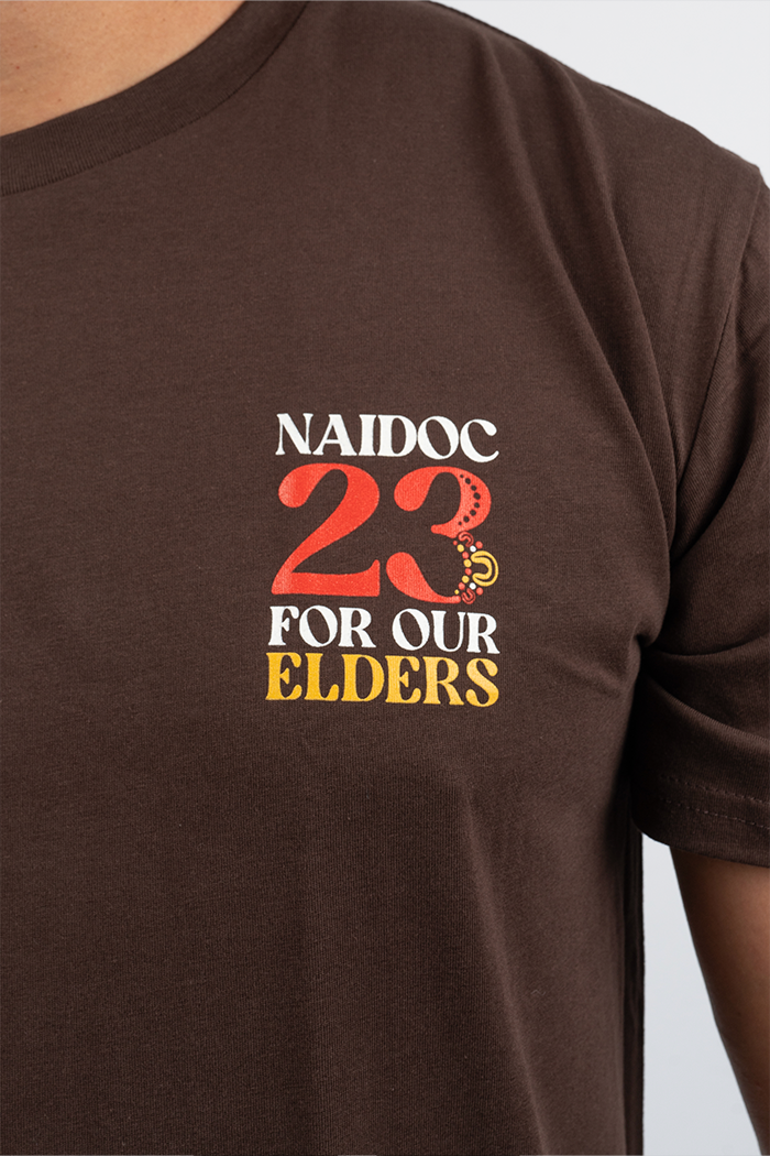 "For Our Elders" NAIDOC 23 Pocket Print (Red & Yellow) Chocolate Cotton Crew Neck Unisex T-Shirt