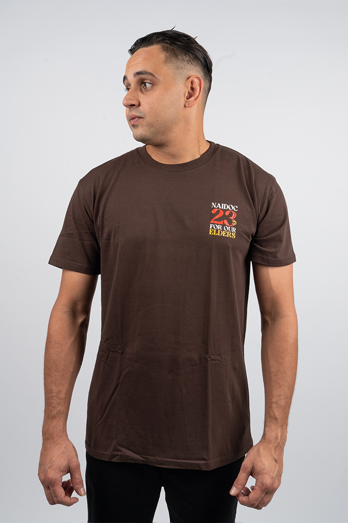 "For Our Elders" NAIDOC 23 Pocket Print (Red & Yellow) Chocolate Cotton Crew Neck Unisex T-Shirt