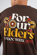 "For Our Elders" NAIDOC 23 Pocket Print (Red & Yellow) Chocolate Cotton Crew Neck Unisex T-Shirt