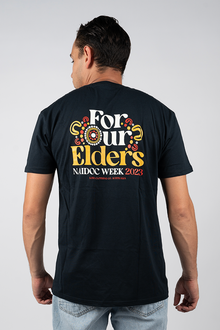 "For Our Elders" NAIDOC 23 Pocket Print (Red & Yellow) Navy Cotton Crew Neck Unisex T-Shirt