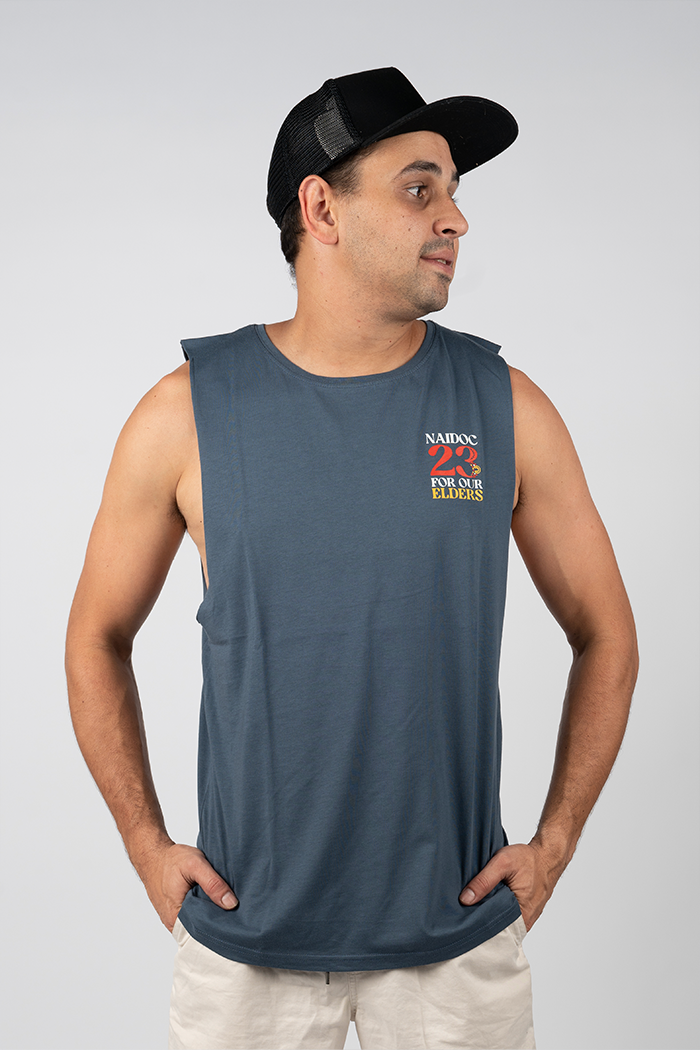 "For Our Elders" NAIDOC 23 Pocket Print (Red & Yellow) Petrol Blue Cotton Men's Muscle Tank Top
