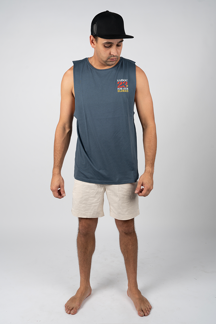 "For Our Elders" NAIDOC 23 Pocket Print (Red & Yellow) Petrol Blue Cotton Men's Muscle Tank Top