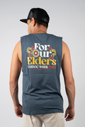 "For Our Elders" NAIDOC 23 Pocket Print (Red & Yellow) Petrol Blue Cotton Men's Muscle Tank Top