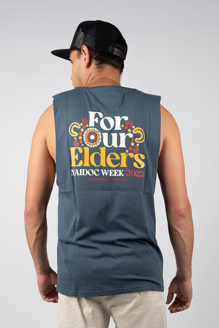 "For Our Elders" NAIDOC 23 Pocket Print (Red & Yellow) Petrol Blue Cotton Men's Muscle Tank Top
