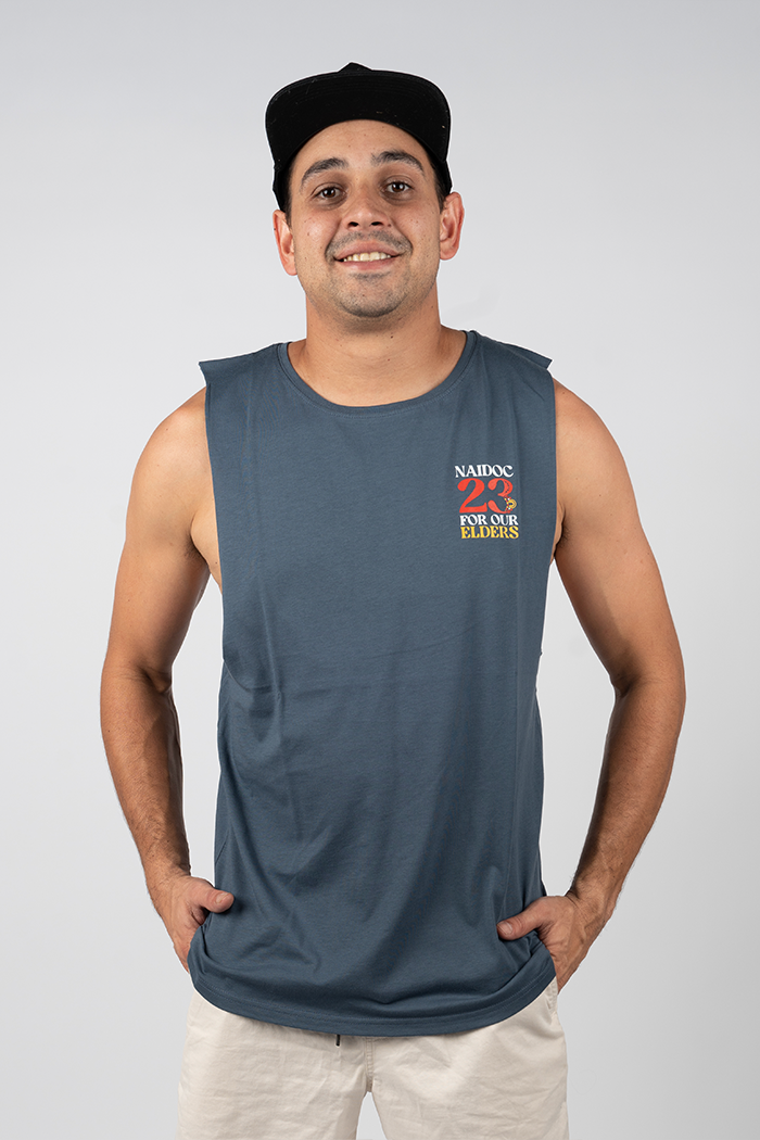 "For Our Elders" NAIDOC 23 Pocket Print (Red & Yellow) Petrol Blue Cotton Men's Muscle Tank Top