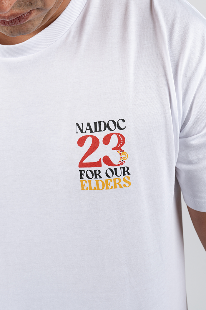 "For Our Elders" NAIDOC 23 Pocket Print (Red & Yellow) White Cotton Crew Neck Unisex T-Shirt