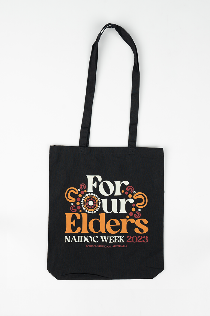 "For Our Elders" (Red & Yellow) NAIDOC WEEK 2023 Black Cotton Tote Bag