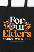 "For Our Elders" (Red & Yellow) NAIDOC WEEK 2023 Black Cotton Tote Bag