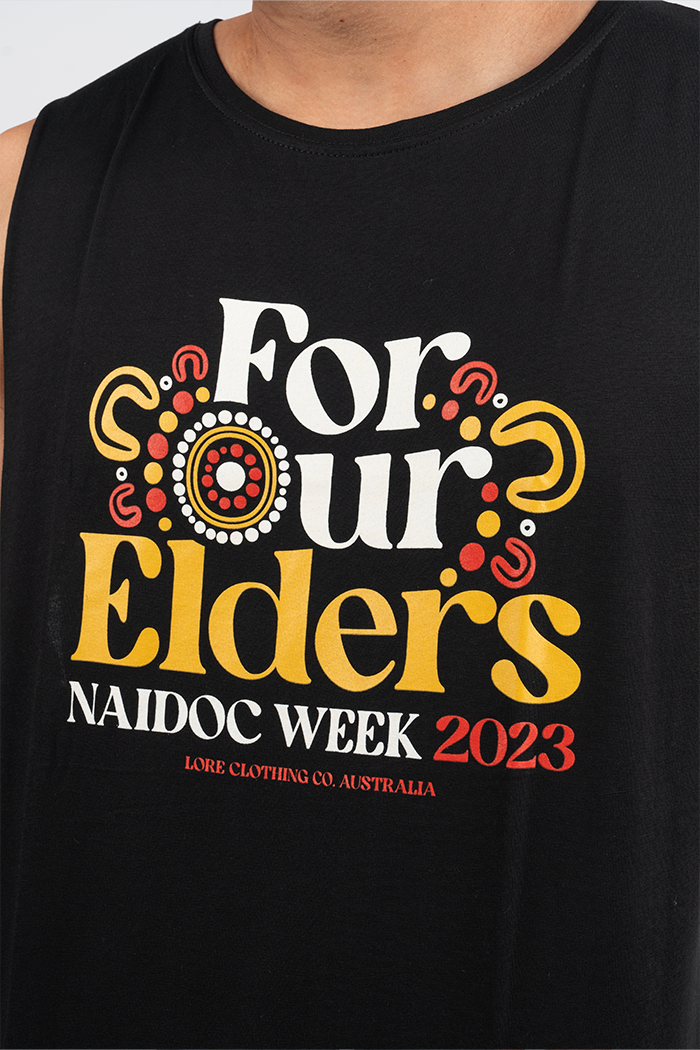 "For Our Elders" (Red & Yellow) NAIDOC WEEK 2023 Black Cotton Men's Muscle Tank Top