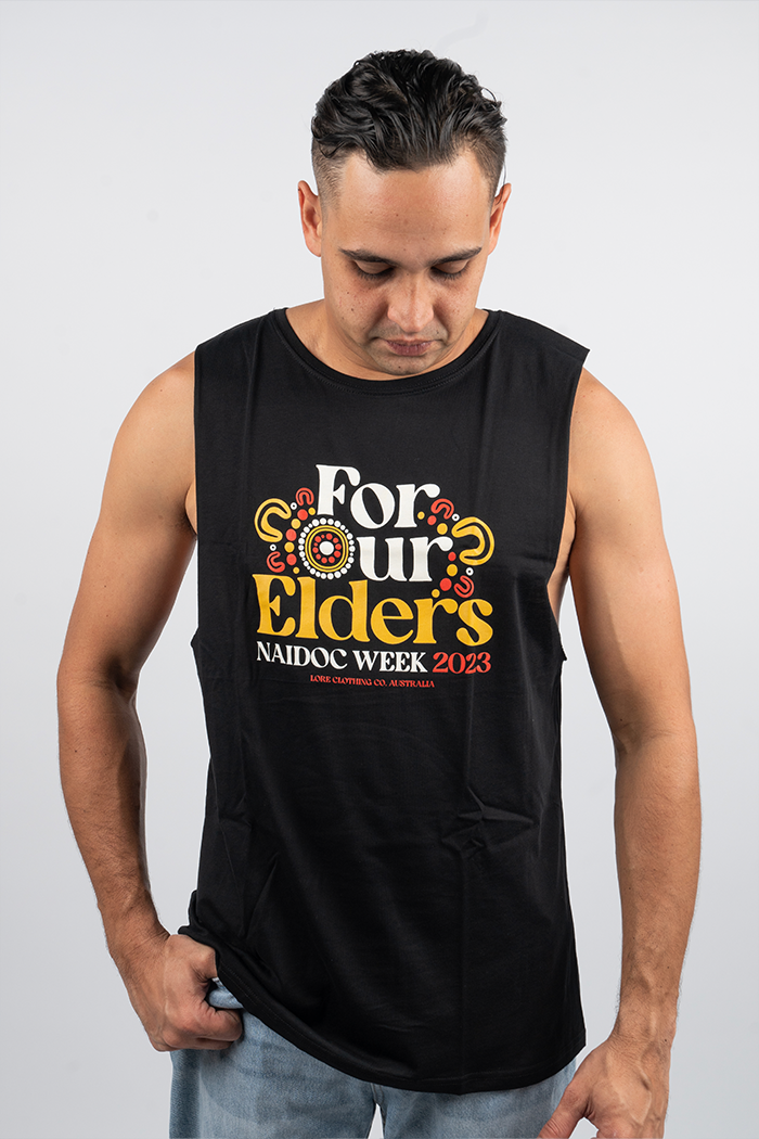 "For Our Elders" (Red & Yellow) NAIDOC WEEK 2023 Black Cotton Men's Muscle Tank Top