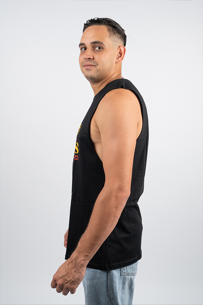 "For Our Elders" (Red & Yellow) NAIDOC WEEK 2023 Black Cotton Men's Muscle Tank Top