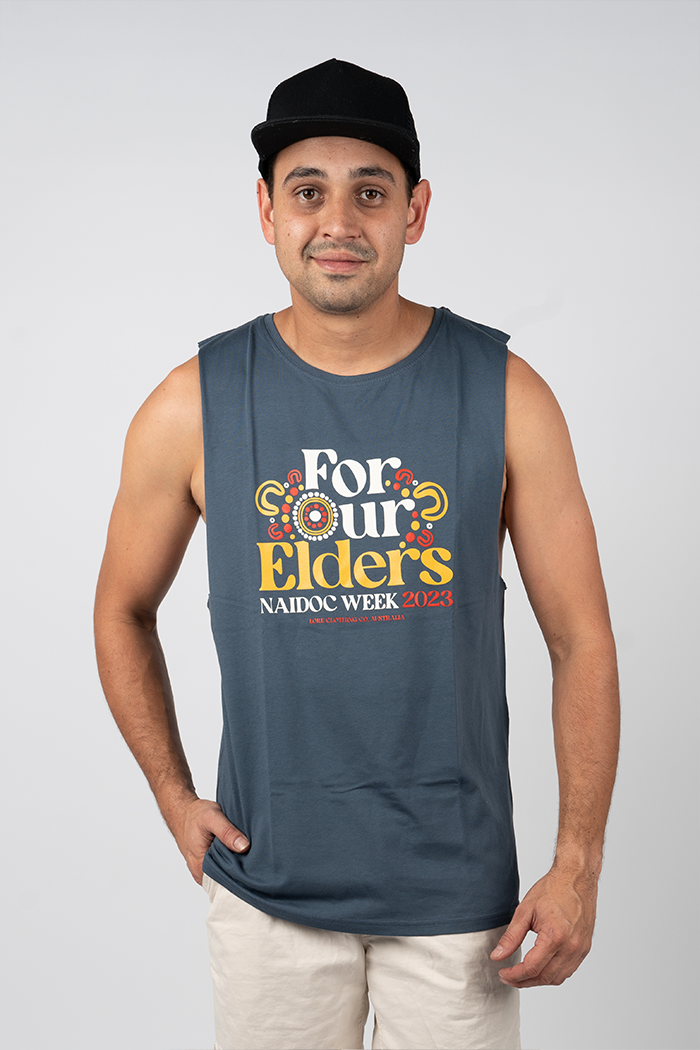 "For Our Elders" (Red & Yellow) NAIDOC WEEK 2023 Petrol Blue Cotton Men's Muscle Tank Top