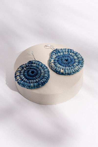 Aboriginal Art Jewellery Australia-Handmade Blue Woven Earrings Large-Yarn Marketplace