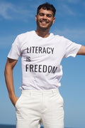 Aboriginal Art Clothing-"Literacy is Freedom" White Cotton Crew Neck Unisex T-Shirt-Yarn Marketplace