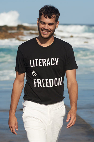 Aboriginal Art Clothing-"Literacy is Freedom" Black Cotton Crew Neck Unisex T-Shirt-Yarn Marketplace