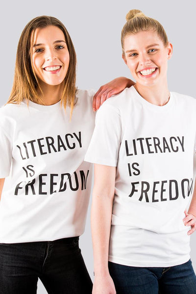 Aboriginal Art Clothing-"Literacy is Freedom" White Cotton Crew Neck Unisex T-Shirt-Yarn Marketplace